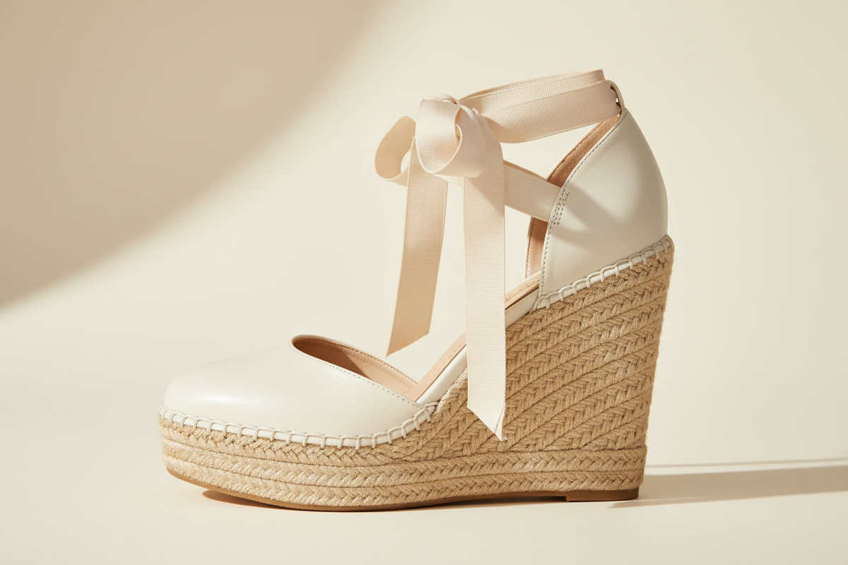 Women's Ivory Espadrille Wedge Heels with Elegant Ankle Ribbon Tie