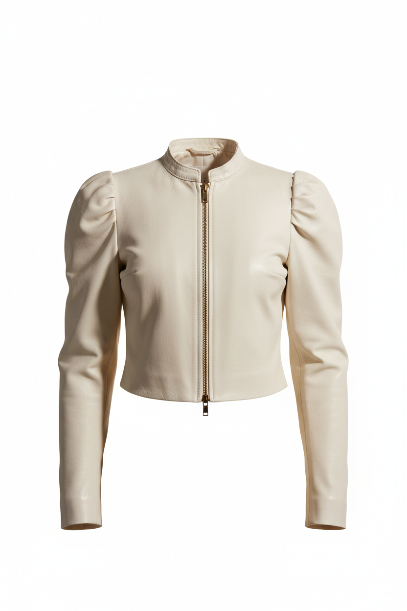 Elegant Puff Sleeve Cropped Jacket – Chic Tailored Zip-Up Outerwear