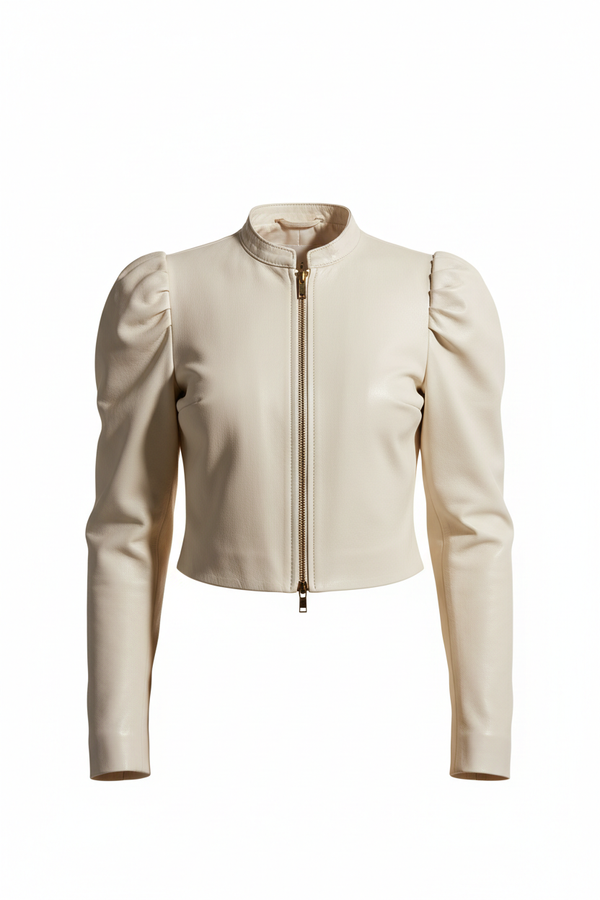Elegant Puff Sleeve Cropped Jacket – Chic Tailored Zip-Up Outerwear