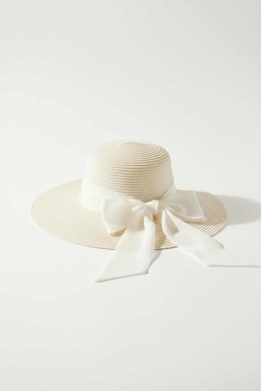 Elegant Straw Sun Hat with Satin Bow – Ivory White