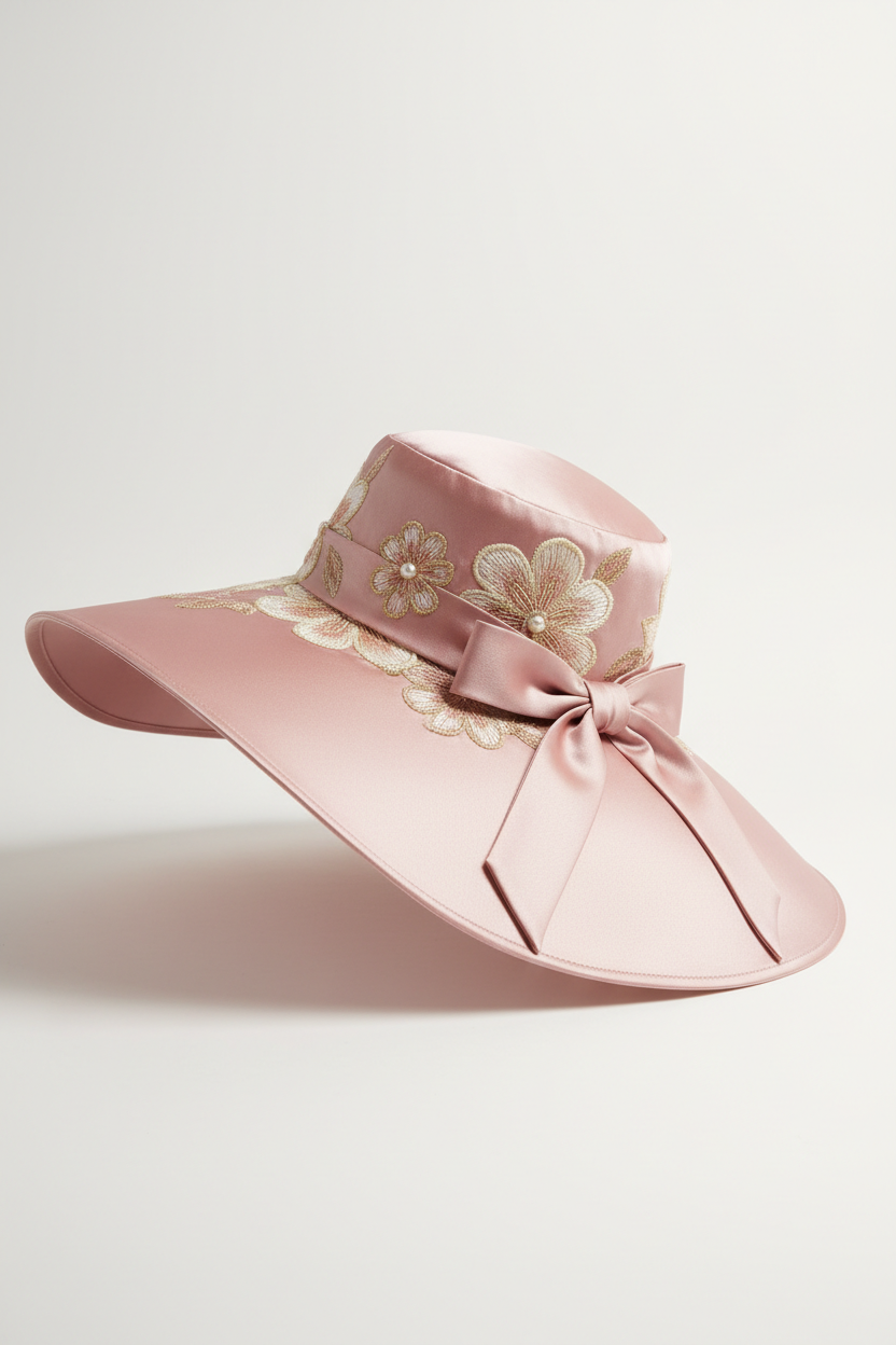 Elegant Floral Wide-Brim Sun Hat – Blush Pink
