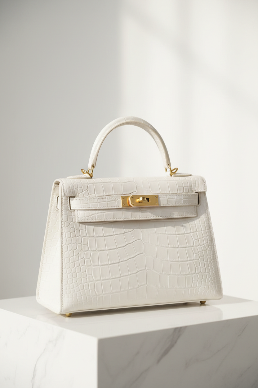 Luxury White Crocodile-Embossed Leather Handbag